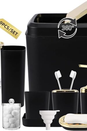Black Bathroom Accessories Set, Black and Gold Bathroom Accessories with Trash Can, Tray, Soap Dispenser, Soap Dish, Toothbrush Holder, Toothbrush Cup,Toilet Brush and Qtip Holders