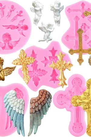 Angel Wings Fondant Molds Cross Silicone Molds For Baptism Cake Decorating Cupcake Topper Chocolate Gum Paste Candy Polymer Clay Set Of 5