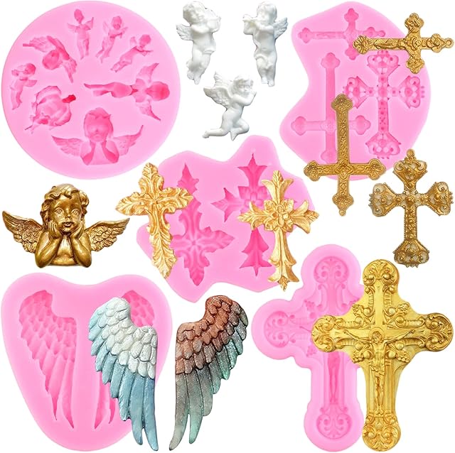 Angel Wings Fondant Molds Cross Silicone Molds For Baptism Cake Decorating Cupcake Topper Chocolate Gum Paste Candy Polymer Clay Set Of 5