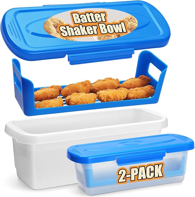 Batter Bowl with Lid, 2-Pack Fish Batter Shaker, Better Breader Shaker Bowl with Breading Shaker Tray, Batter Bowl with Lids Shaker for Frying Chicken Wings Fish Onion Rings Veggies