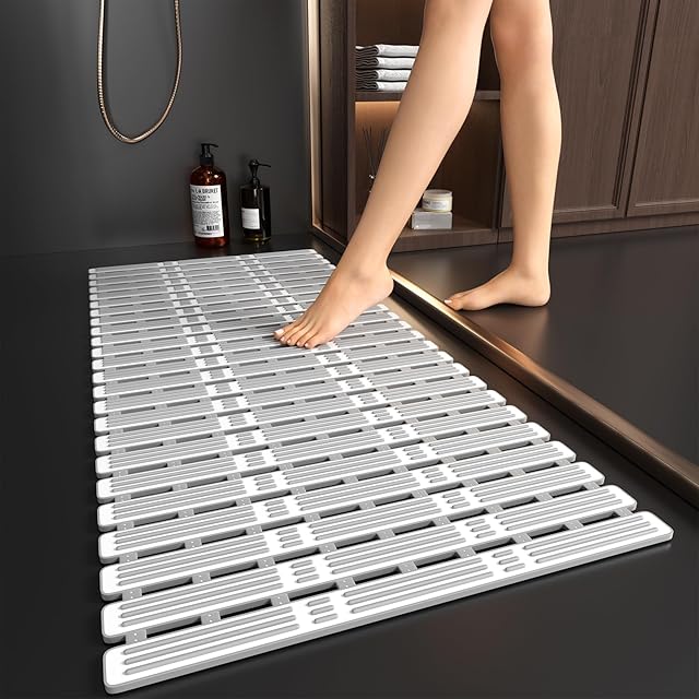 XIYUNTE Shower Mat Non Slip Bath Mat for Tub - 36 x 16 Inch Bathtub Mat Non Slip Shower Mat for Inside Shower, TPE Bath Mat with Powerful Suction Cup and Drain Holes, Easy to Cut, Grey