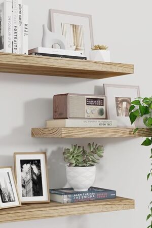 Wood Floating Shelves for Wall Set of 3, 17 Inch Wide Rustic Wooden Floating Shelves, Invisible Wall Mounted Display for Living Room Bedroom Kitchen Bathroom Office, Carbonized Black