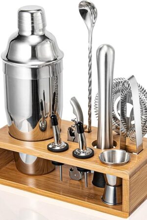 Cocktail Shaker Set, Mixology Bartender Kit 10-Piece Bar Tool Set with Stylish Bamboo Stand, Bar kit: Matini Shaker Mixing Spoon Muddler Jigger Cocksrew for Barware Set
