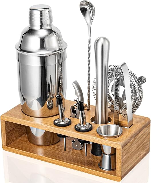 Cocktail Shaker Set, Mixology Bartender Kit 10-Piece Bar Tool Set with Stylish Bamboo Stand, Bar kit: Matini Shaker Mixing Spoon Muddler Jigger Cocksrew for Barware Set