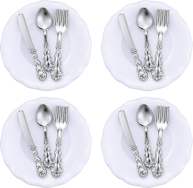 The Skylety 4 Pieces 1:12 Scale Miniature Dollhouse Plates and 12 Pieces Spoons Knives Forks Metal Tableware Kitchen Accessories Miniatures Porcelain Plate Set Dollhouse Decoration