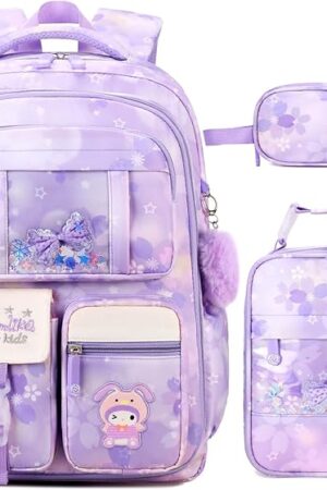 Backpacks for Girls, Girls Backpack with Insulated Lunch Box and Pencil Case for Kids Teens Elementary Middle High School Student, Cute Bow School Bag Travel Daypacks Book Bag Set (Purple)