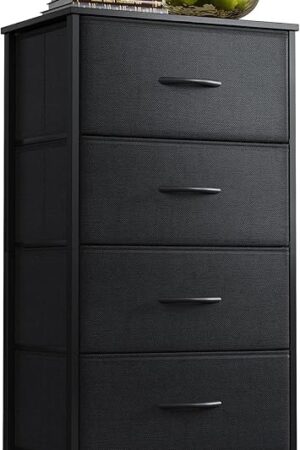 AODK Dresser for Bedroom with 4 Storage Drawers, Small Dressers Chest of Drawers Fabric Dresser with Sturdy Steel Frame, Black