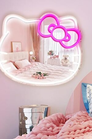 Anime Hello Kit Mirror with Light Neon Signs for Wall Decor, Teen Girl Gift，Makeup Mirror neon Sign Room Decor (14.6 * 12.2 inch)