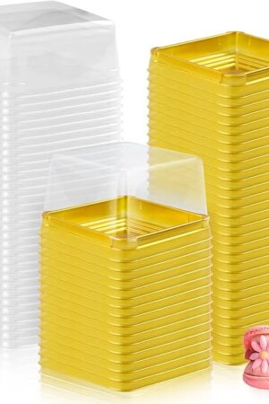 100 Set 3" Plastic Square Containers with Lids Cupcake Boxes Muffin Pod Dome Muffin Single Container Box for Wedding Birthday Gifts Supplies (Golden)