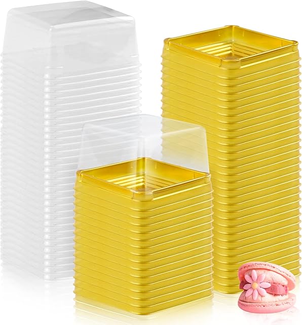 100 Set 3" Plastic Square Containers with Lids Cupcake Boxes Muffin Pod Dome Muffin Single Container Box for Wedding Birthday Gifts Supplies (Golden)