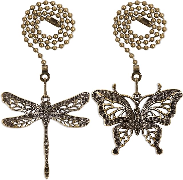 Bronze Ceiling Fan Pull Chain Extender,Dragonfly and Butterfly Decorative Fan Chain Pendant Extension,12in 3mm Beaded Fan String Chain Ornaments with Connector for Fan Lamp,2Pack