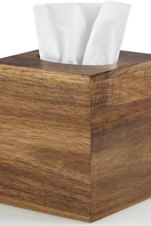 ALELION Tissue Box Cover Square - Acacia Wood Tissue Box Holder for Tabletop Night Stands Bathroom Office - Decorative Facial Cube Tissue Box Cover for Modern Farmhouse Decor