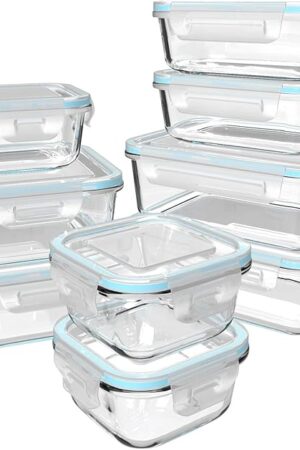 18 Piece Glass Food Storage Containers with Lids, Glass Meal Prep Containers, food storage Containers for Food Storage with Lids, BPA Free & Leak Proof (9 lids & 9 Containers)