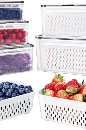 6 PCS Large Fruit Containers for Fridge - Leakproof Food Storage Containers with Removable Colander - Dishwasher & Microwave Safe Produce Containers Keep Fruits, Vegetables, Berry, Meat Fresh longer