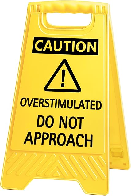 Caution Overstimulated Do Not Approach Office Decor Funny Desk Sign for Women Coworkers Sarcastic Desk Decor Multi-functional Phone Holder Mirror Table Sign White Elephant Gifts