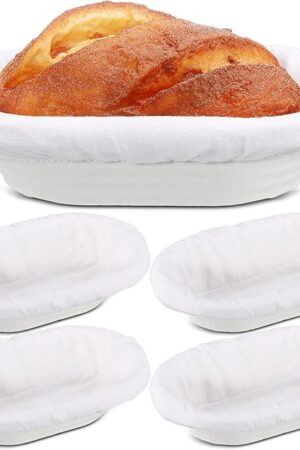 Baderke 4 Sets Banneton Bread Proofing Basket 10 Inch Wood Pulp Sourdough Proofing Basket Oval Shaped Non Stick Sourdough Banneton Bowl and Liners for Bread Baking Supplies