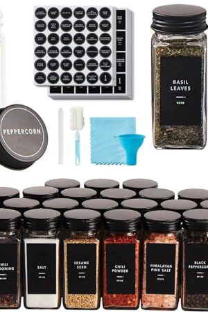 25 Pcs Spice Jars with Label- Glass Spice Jars with Black Metal Caps,Shaker Lids, Funnel, Chalk Pen, Brush,Cleaning Cloth 4oz Seasoning Containers Bottles for Spice Rack, Cabinet, Drawer