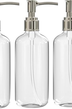 Clear Plastic Soap Dispenser Pump Bottles – 3 Pack, 16 Oz – Refillable Hand Soap Dispensers for Bathroom or Kitchen, BPA-Free Boston Round Pump Bottles for Liquid Soap, Dish Soap, Lotion