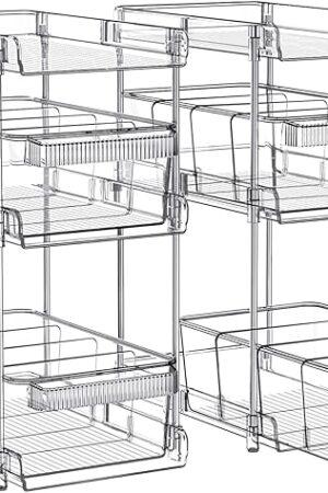 Clear Bathroom Organizers 2 Sets 3 Tier, Pull Out Organizer and Storage with 2 Cups, Slide Out Drawer Storage Container with 6 Dividers, Multi-Purpose Bathroom Organizer, Kitchen Under Sink Organizer