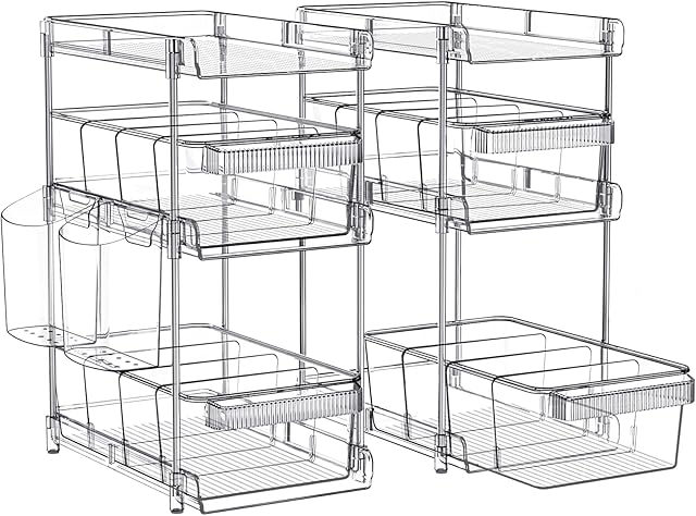 Clear Bathroom Organizers 2 Sets 3 Tier, Pull Out Organizer and Storage with 2 Cups, Slide Out Drawer Storage Container with 6 Dividers, Multi-Purpose Bathroom Organizer, Kitchen Under Sink Organizer