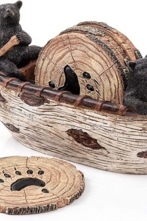 Bear Coasters Set of 6 Full Size Rustic Coasters in Handmade Canoe with Adorable Black Bear Figurines | Black Bear Log Cabin Decorations, Rustic Lodge Decor for The Home