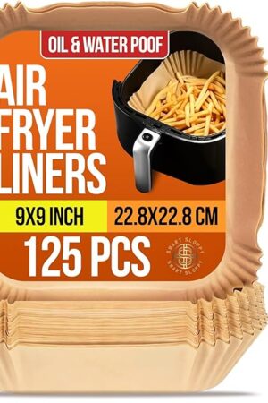 Disposable Air Fryer Liners 9 Inch Square - 125Pcs Non-Stick Parchment Paper, Oil-Proof & Waterproof for Easy Cleanup | Fits 5-8 QT Air Fryer Baskets (with brush)