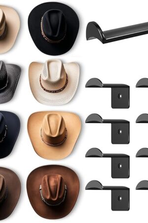 2.8 Inch Hat Hooks for Wall - (8 Pack) Cowboy Hat Rack, Strong Adhesive Cap Holder, Organizer for Baseball Caps, Western Room Decor - Black