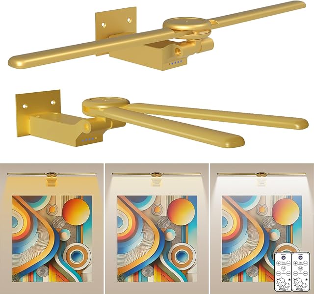2 Pack Picture Light for Wall, 18in Rechargeable Wall Art Light with Timer and Dimmable, Battery Operated Painting Frame Light with Remote Control for Bedroom, Living Room, Dartboard (Gold)