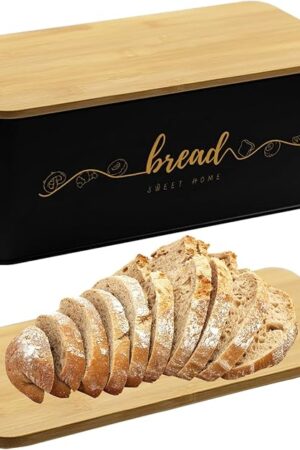 Bread Box with Bamboo Cutting Board Lid, Metal Bread Box for Kitchen Counter, Small Bread Storage Container, Black Bread bin for Kitchen Countertop