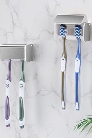 2 PCS Toothbrush Holders Wall Mounted with Cover, Electric Tooth Brushing Holder for Bathroom, 2 Slots Self Adhesive Toothbrush Organizer for Family, Kids (2, Brushed Silver)