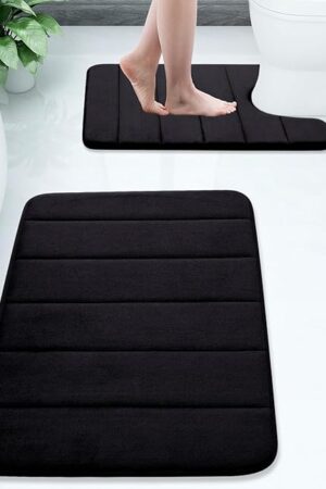 Buganda Bathroom Mat Set Memory Foam Bath Mat U-Shaped Toilet Rug Bath Rug for Bathroom 24" x 16"+24" x 20" Black