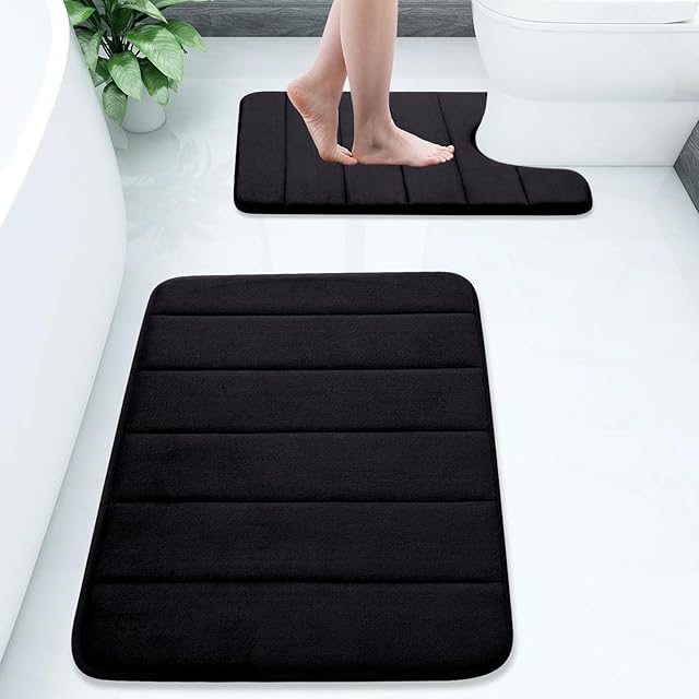 Buganda Bathroom Mat Set Memory Foam Bath Mat U-Shaped Toilet Rug Bath Rug for Bathroom 24" x 16"+24" x 20" Black