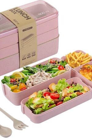Bento Box for Adults, 3-In-1 Meal Prep Container, 900ML Janpanese Lunch Box with Compartment, Wheat Straw, Leak-proof, Spoon & Fork, BPA-free (Pink)