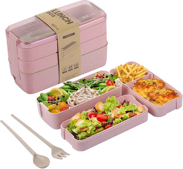 Bento Box for Adults, 3-In-1 Meal Prep Container, 900ML Janpanese Lunch Box with Compartment, Wheat Straw, Leak-proof, Spoon & Fork, BPA-free (Pink)