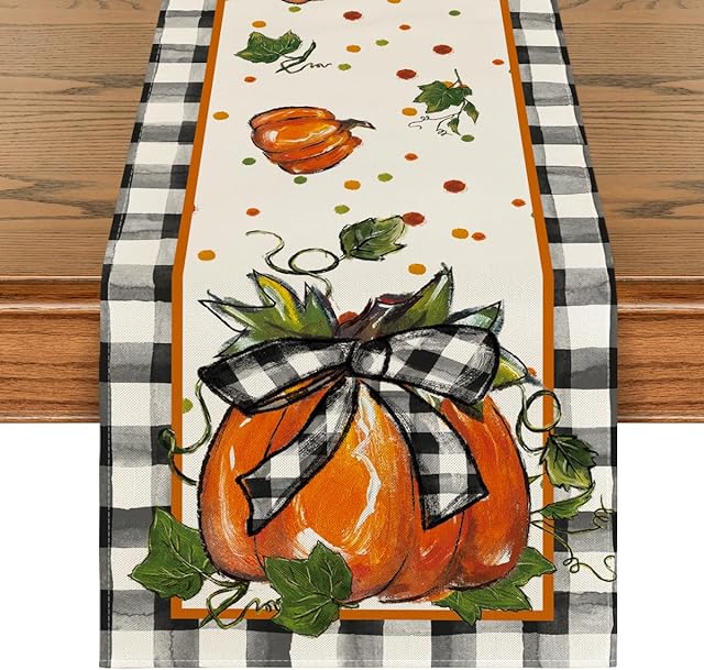 Artoid Mode Pumpkin Bow Buffalo Plaid Fall Table Runner,Seasonal Autumn Kitchen Dining Table Decoration for Home Party Decor 13x72 Inch