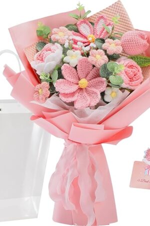 Alecono Crochet Flower Bouquet, Pink Knitted Flowers, Crochet Tulip Galsang Flower for Lover Anniversary Birthday Party Mother's Day Graduation Gifts (Include Card)