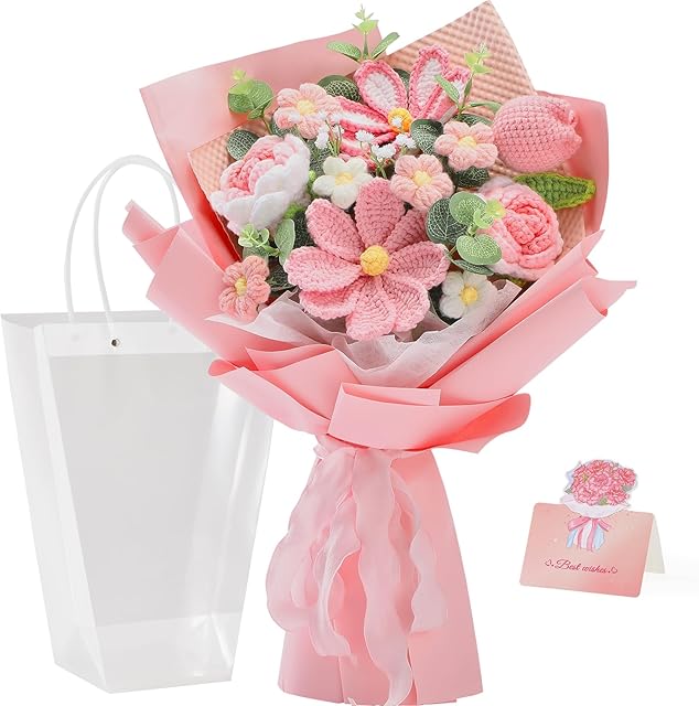 Alecono Crochet Flower Bouquet, Pink Knitted Flowers, Crochet Tulip Galsang Flower for Lover Anniversary Birthday Party Mother's Day Graduation Gifts (Include Card)