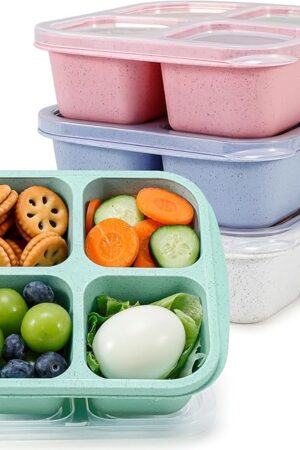 Caperci 4 Pack Bento Snack Boxes Lunchable Containers for Kids & Adults, Wheat Straw 4-Compartment Reusable Food Storage Containers for Snacks & Small Meal (Multicolor & Clear Lids)