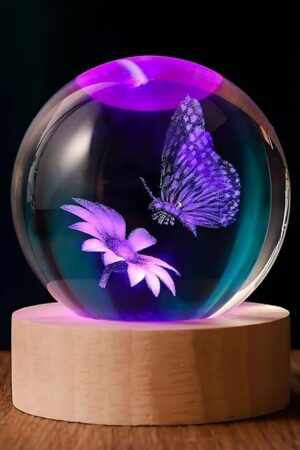 3D Butterfly 60mm Crystal Ball Butterfly Figurine Night Light Lamp Gifts for Women Wife Girlfriend Couple Her