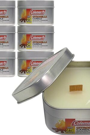 Coleman Campfire Scented Citronella Candle with Wooden Crackle Wick, Campfire Fragrance, 25-Hour Burn Time, Nostalgic Tin for Outdoor Ambiance, Pack of 6