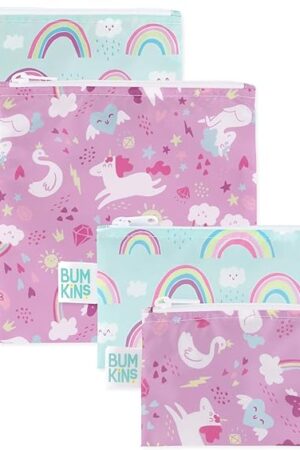 Bumkins - Cloth Snack & Sandwich Bags - For Storage, Travel, Food Prep, Lunch - Reusable, Water Resistant, Washable, Dishwasher Safe - Snack Bags for Kids - Zipper Closure -Unicorns & Rainbows -4 Pack