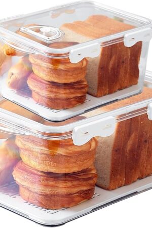 Bread Box for Kitchen Countertop, 2 Pack Airtight Bread Storage Container,Time Recording Bread Holder with Lid,Bread Keeper for Homemade Bread, Toast, Bagel, Donut and Cookies(White)