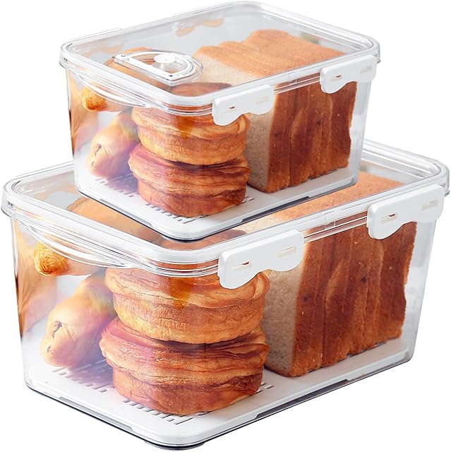 Bread Box for Kitchen Countertop, 2 Pack Airtight Bread Storage Container,Time Recording Bread Holder with Lid,Bread Keeper for Homemade Bread, Toast, Bagel, Donut and Cookies(White)