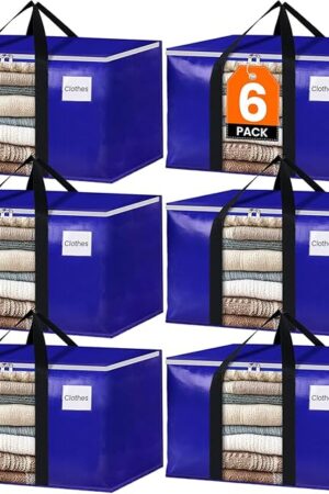 BlissTotes 6 Pack Moving Bags with Clear Window, Storage Bags with Strong Carrying Handles & Zippers,Large Packing Bags for Saving Space, Alternative to Moving Boxes(Blue,24 Gallon)