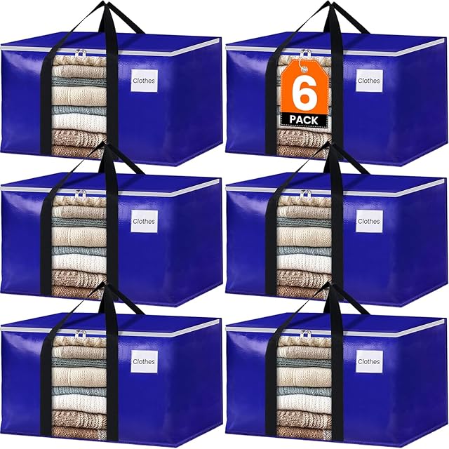 BlissTotes 6 Pack Moving Bags with Clear Window, Storage Bags with Strong Carrying Handles & Zippers,Large Packing Bags for Saving Space, Alternative to Moving Boxes(Blue,24 Gallon)