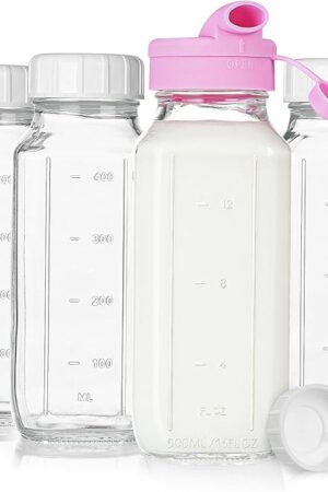 4 Pack 16 Oz Square Glass Milk Bottle with A Silicone Dispenser Cap, Glass Juice Bottles with Airtight Screw Lid, Reusable Drinking Bottles with Capacity Marks, Breastmilk Storage Container