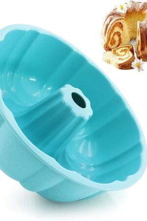 9.5 Inch Silicone Fluted Pans, Non-Stick Silicone Bundt Pan with Handle, Home Baking DIY Cake Mold for Cake, Chocolate, Jelly, Bread, Para Gelatinas (Blue, 1 Pcs)