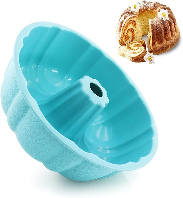 9.5 Inch Silicone Fluted Pans, Non-Stick Silicone Bundt Pan with Handle, Home Baking DIY Cake Mold for Cake, Chocolate, Jelly, Bread, Para Gelatinas (Blue, 1 Pcs)