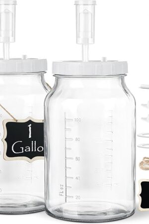 2 Pack 1 Gallon Large Fermentation Jars with 3 Airlocks and 2 SCREW Lids(100% Airtight Heavy Duty Lid w Silicone) - Wide Mouth Glass Jars w Scale Mark - Pickle Jars for Sauerkraut, Sourdough Starter