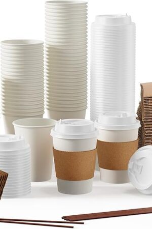 [100 Pack] 12 oz Paper Coffee Cups with Lids, Sleeves & Stirrers | Suitable for Home | Hot/Cold Beverages | for Water, Juice or Tea | Shops and Cafes | Disposable